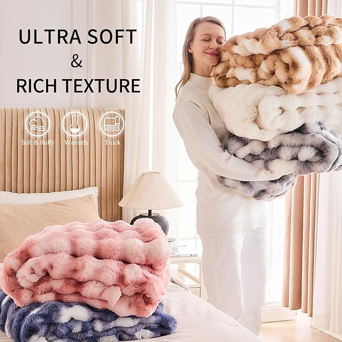 Super Soft Fluffy Luxury Tie Dye Rabbit Faux Fur Bubble Winter Blanket